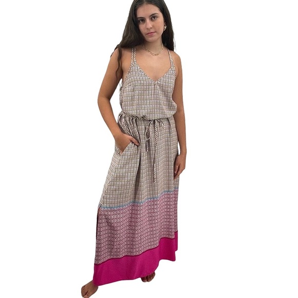 GAP Maxi Dress Tie Waist Sleeveless V-Neck Pockets Mixed Print Rayon Pink | Sz M - Picture 4 of 14